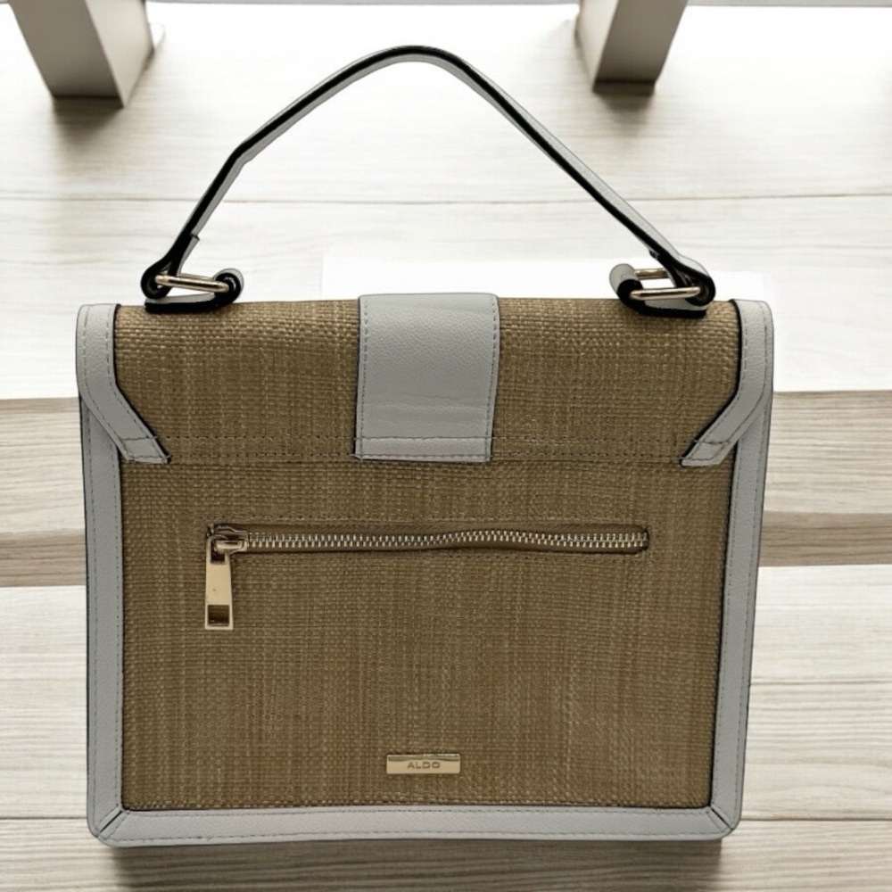 Aldo Womens Tan White Woven Straw Satchel Top Handle Bag